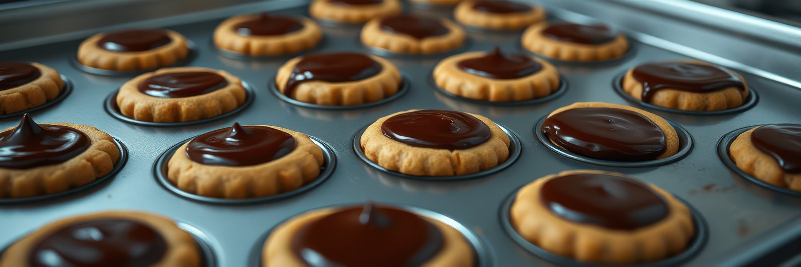 Baking peanut butter cookies topped with chocolate ganache in a kitchen setting